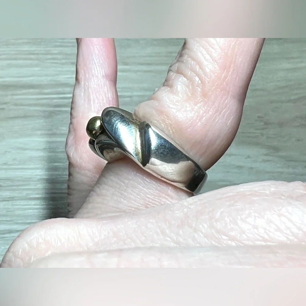 Vintage Designer Signed Sterling Silver & Yellow Gold Band Ring, Size 4.5, 10.6g